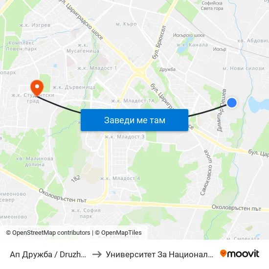 Ап Дружба / Druzhba Bus Depot (0078) to Университет За Национално И Световно Стопанство map