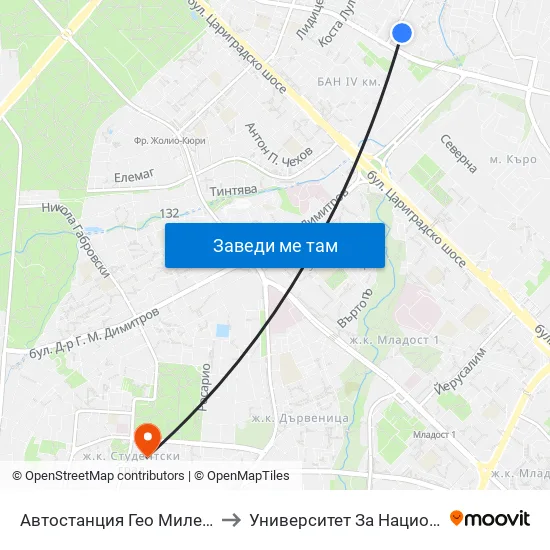 🚌🎓 Автостанция Гео Милев / Geo Milev Bus Station (0053) to Университет За Национално И Световно Стопанство map
