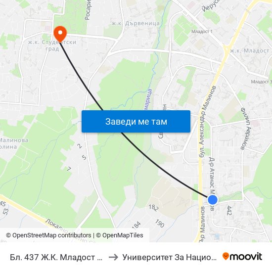 Бл. 437 Ж.К. Младост 4 / Bl. 437, Mladost 4 Qr. (0219) to Университет За Национално И Световно Стопанство map
