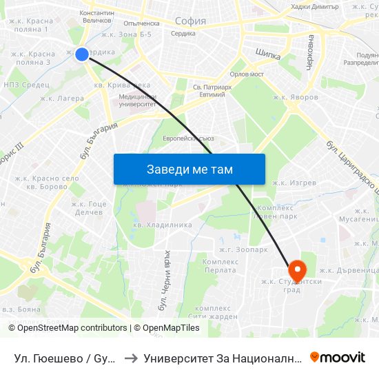 Ул. Гюешево / Gyueshevo St. (1157) to Университет За Национално И Световно Стопанство map