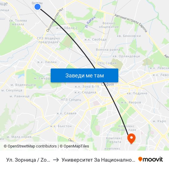 Ул. Зорница / Zornitsa St. (1220) to Университет За Национално И Световно Стопанство map