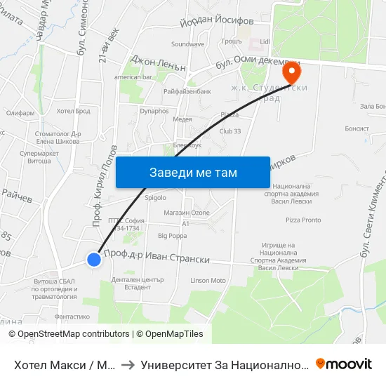 Хотел Макси / Maxi Hotel (2509) to Университет За Национално И Световно Стопанство map