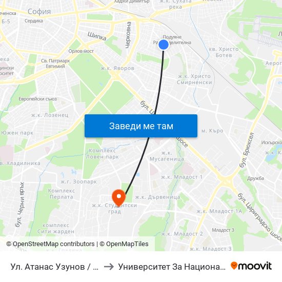Ул. Атанас Узунов / Atanas Uzunov St. (1830) to Университет За Национално И Световно Стопанство map
