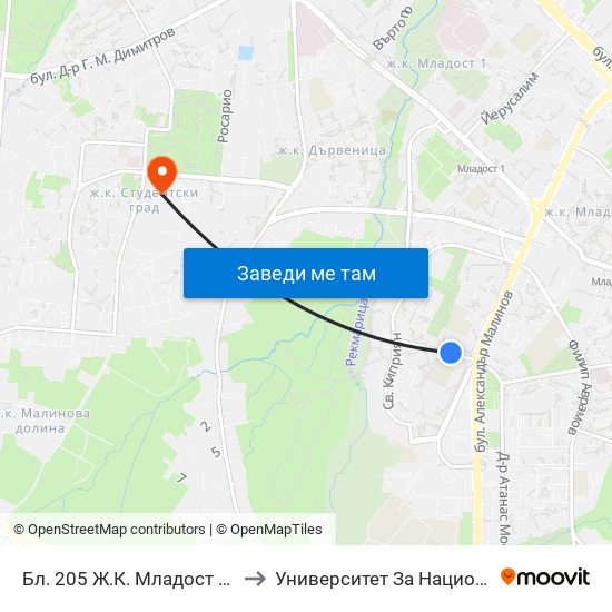 Бл. 205 Ж.К. Младост 2 / Bl. 205, Mladost 2 Qr. (0157) to Университет За Национално И Световно Стопанство map