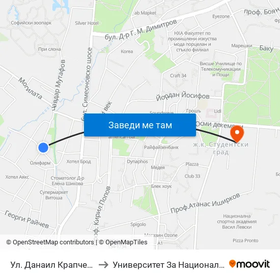 Ул. Данаил Крапчев / Danail Krapchev St. to Университет За Национално И Световно Стопанство map