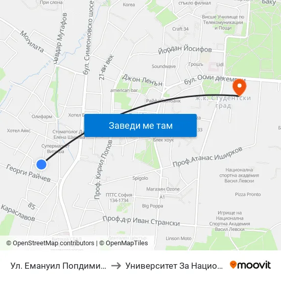 Ул. Емануил Попдимитров / Emanuil Popdimitrov St. to Университет За Национално И Световно Стопанство map