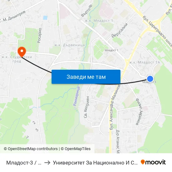 Младост 3 / Mladost 3 to Университет За Национално И Световно Стопанство map