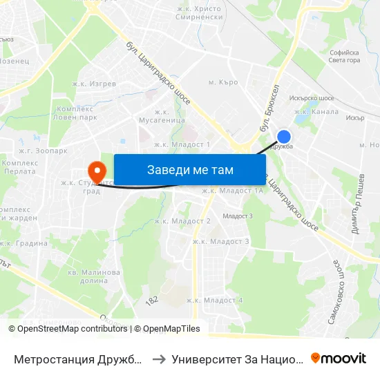 Ⓜ️ Метростанция Дружба / Druzhba Metro Station (0235) to Университет За Национално И Световно Стопанство map
