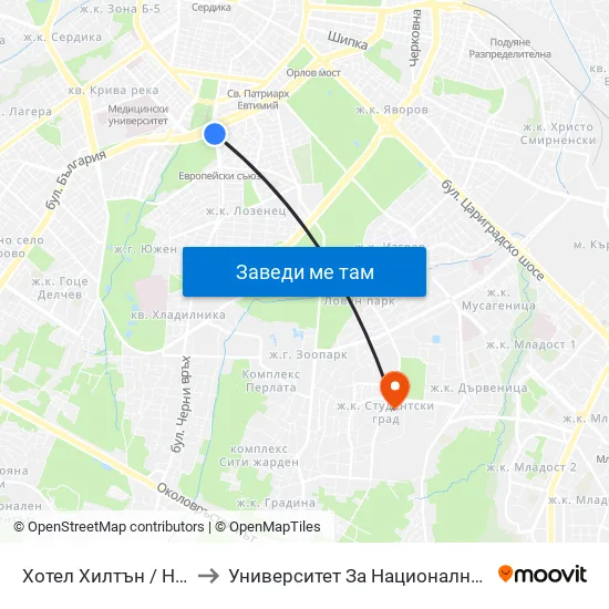 Хотел Хилтън / Hilton Hotel (0400) to Университет За Национално И Световно Стопанство map