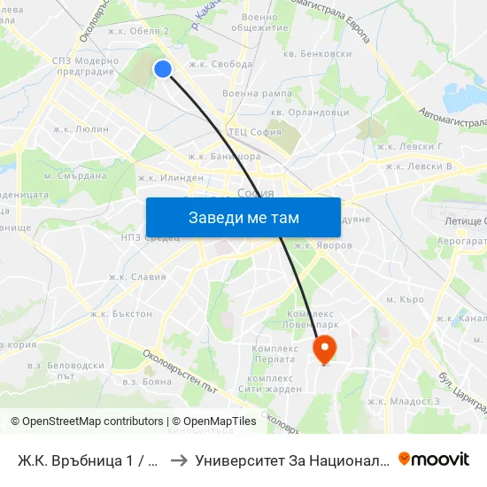 Ж.К. Връбница 1 / Vrabnitsa 1 Qr. (2579) to Университет За Национално И Световно Стопанство map