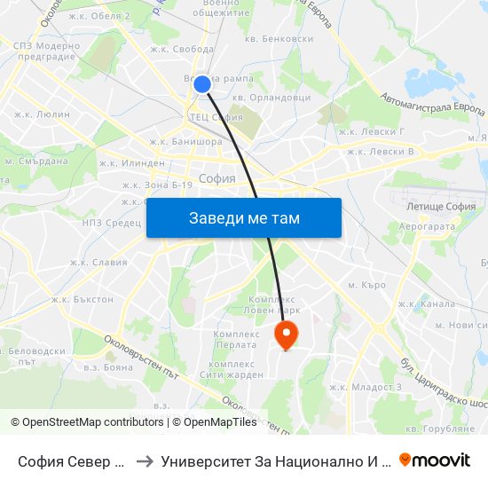 София Север / Sofia North to Университет За Национално И Световно Стопанство map