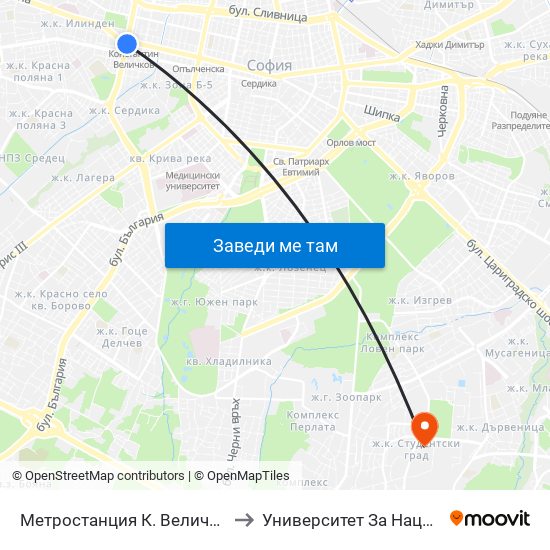 Метростанция К. Величков / K. Velichkov Metro Station (1050) to Университет За Национално И Световно Стопанство map