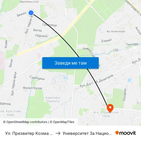 Ул. Презвитер Козма / Cosmas the Priest St. (6614) to Университет За Национално И Световно Стопанство map