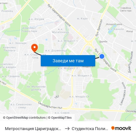 Метростанция Цариградско Шосе / Tsarigradsko Shosse Metro Station (1016) to Студентска Поликлиника 5 Поликлиника – 5 Дкц map