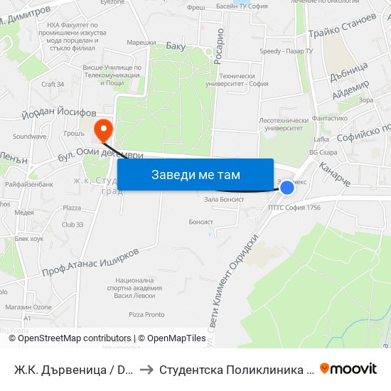 Ж.К. Дървеница / Darvenitsa Qr. (1012) to Студентска Поликлиника 5 Поликлиника – 5 Дкц map
