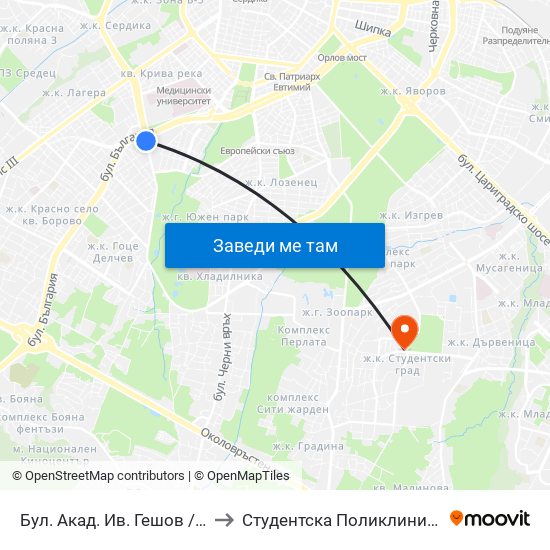 Бул. Акад. Ив. Гешов / Ivan Geshov Blvd. (0270) to Студентска Поликлиника 5 Поликлиника – 5 Дкц map