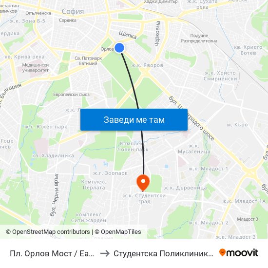 Пл. Орлов Мост / Eagles' Bridge Sq. (1287) to Студентска Поликлиника 5 Поликлиника – 5 Дкц map