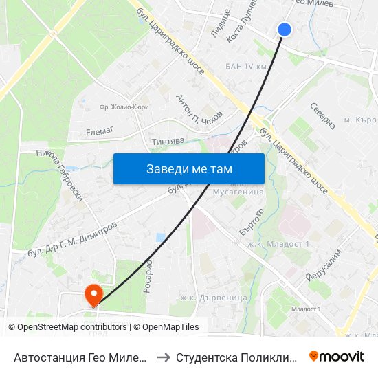 Автостанция Гео Милев / Geo Milev Bus Station (0052) to Студентска Поликлиника 5 Поликлиника – 5 Дкц map