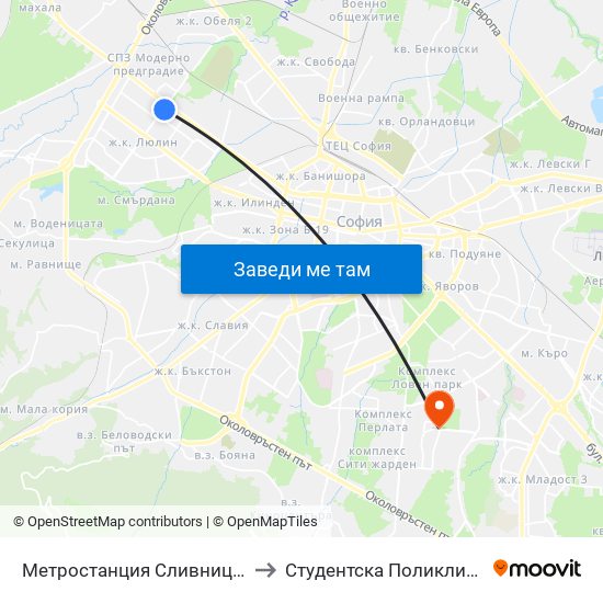 Метростанция Сливница / Slivnitsa Metro Station (1063) to Студентска Поликлиника 5 Поликлиника – 5 Дкц map