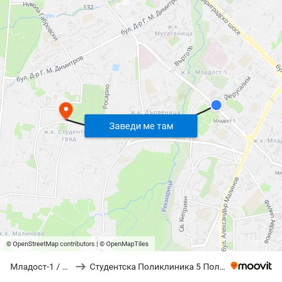 Младост-1 / Mladost 1 to Студентска Поликлиника 5 Поликлиника – 5 Дкц map