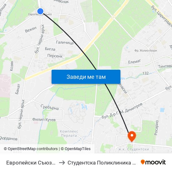 Европейски Съюз / European Union to Студентска Поликлиника 5 Поликлиника – 5 Дкц map