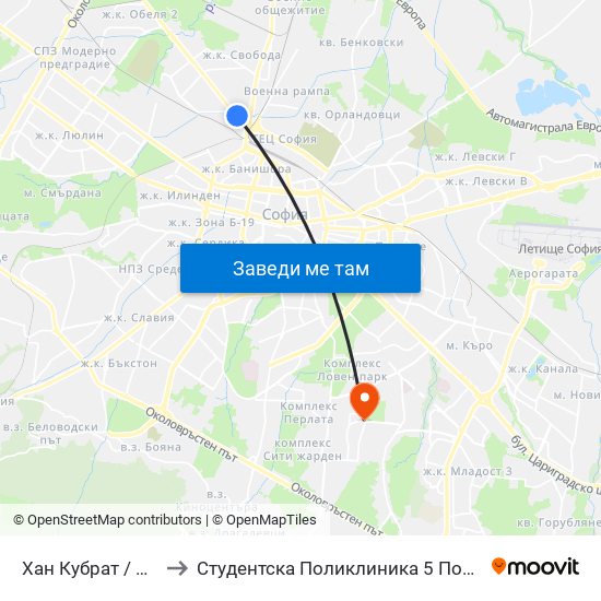 Хан Кубрат / Han Kubrat to Студентска Поликлиника 5 Поликлиника – 5 Дкц map