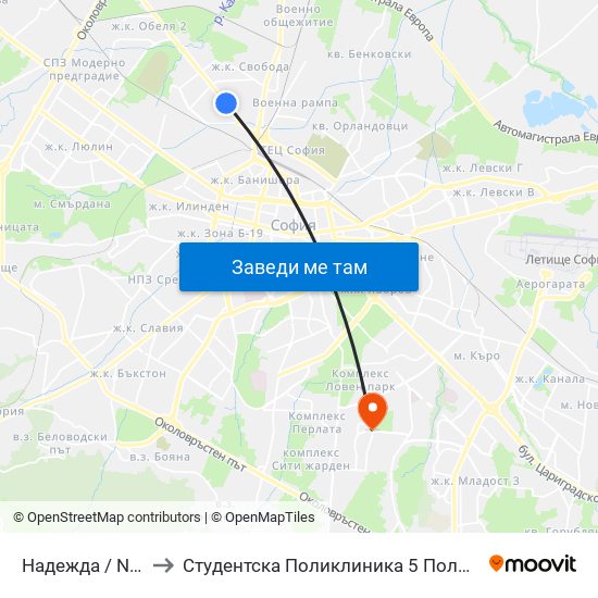 Надежда / Nadezhda to Студентска Поликлиника 5 Поликлиника – 5 Дкц map