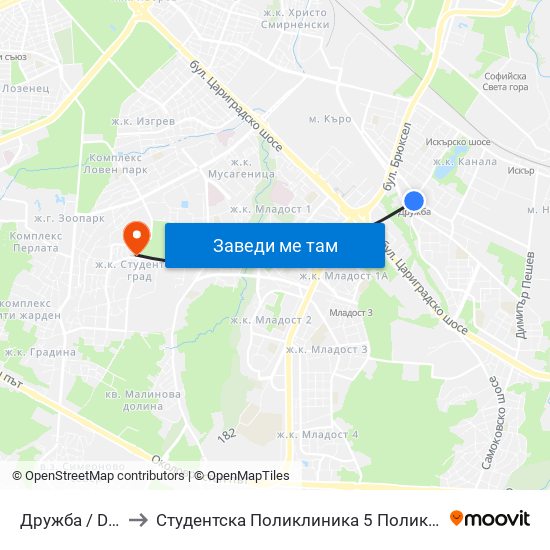 Дружба / Druzhba to Студентска Поликлиника 5 Поликлиника – 5 Дкц map