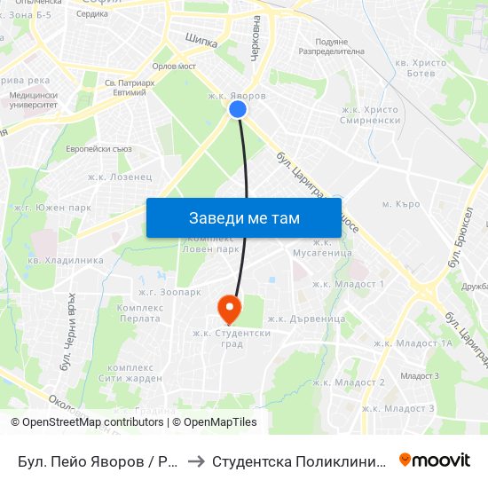 Бул. Пейо Яворов / Peyo Yavorov Blvd. (0073) to Студентска Поликлиника 5 Поликлиника – 5 Дкц map