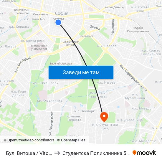 Бул. Витоша / Vitosha Blvd. (2825) to Студентска Поликлиника 5 Поликлиника – 5 Дкц map