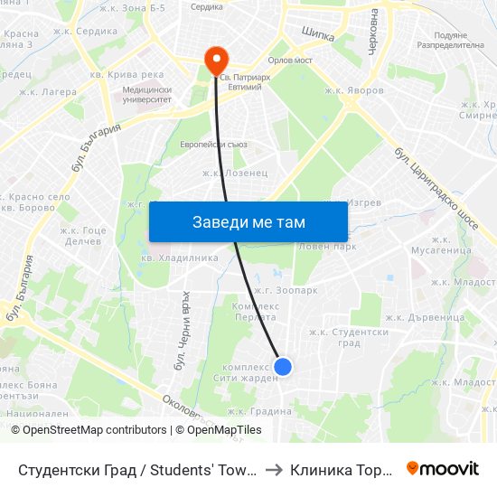 Студентски Град / Students' Town (2382) to Клиника Торакс-2 map