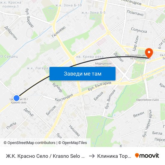 Ж.К. Красно Село / Krasno Selo Qr. (0638) to Клиника Торакс-2 map