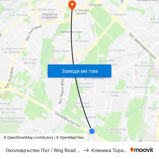 Околовръстен Път / Ring Road (1175) to Клиника Торакс-2 map