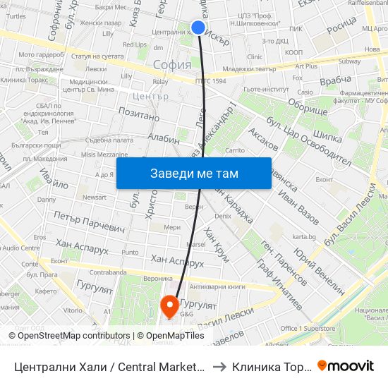 Централни Хали / Central Market Hall (2334) to Клиника Торакс-2 map