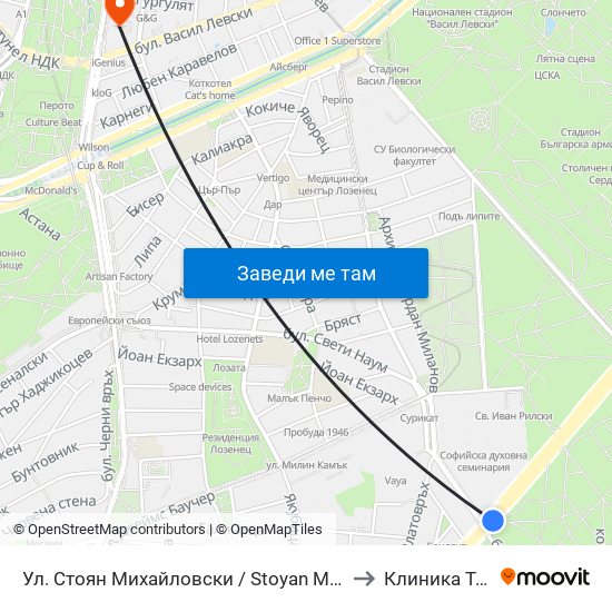 Ул. Стоян Михайловски / Stoyan Mihaylovski St. (2692) to Клиника Торакс-2 map