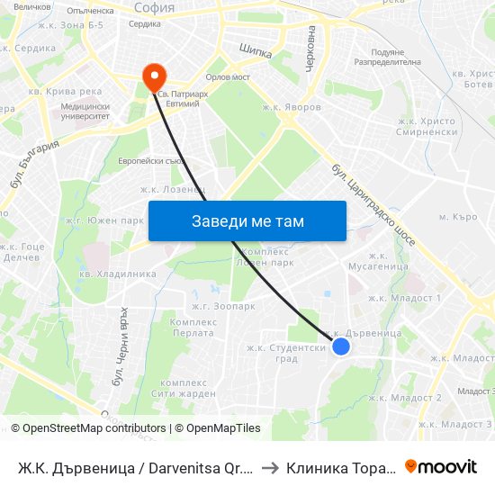 Ж.К. Дървеница / Darvenitsa Qr. (0800) to Клиника Торакс-2 map