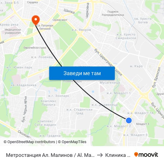 Метростанция Ал. Малинов / Al. Malinov Metro Station (0169) to Клиника Торакс-2 map