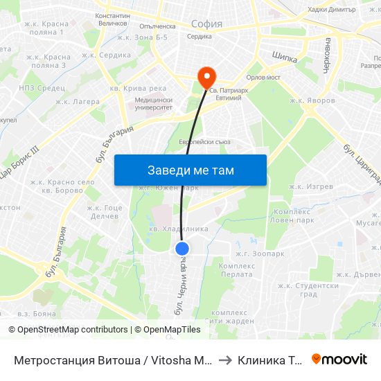 Метростанция Витоша / Vitosha Metro Station (2756) to Клиника Торакс-2 map