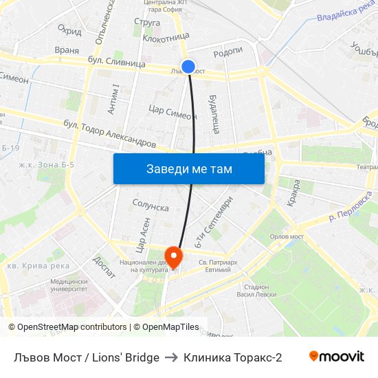 Лъвов Мост / Lions' Bridge to Клиника Торакс-2 map