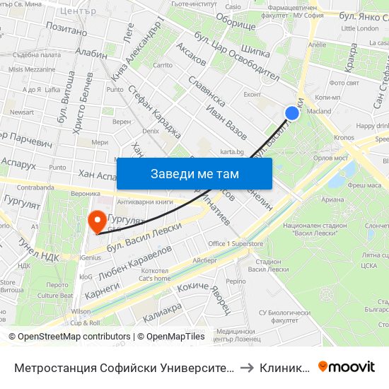 Метростанция Софийски Университет / Sofia University Metro Station (2827) to Клиника Торакс-2 map