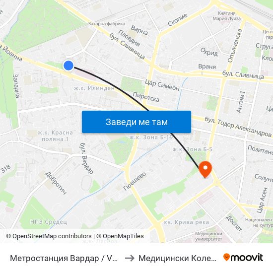 Метростанция Вардар / Vardar Metro Station (1044) to Медицински Колеж ""Й. Филаретова"" map