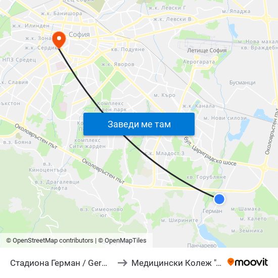 Стадиона Герман / German Stadium (1039) to Медицински Колеж ""Й. Филаретова"" map