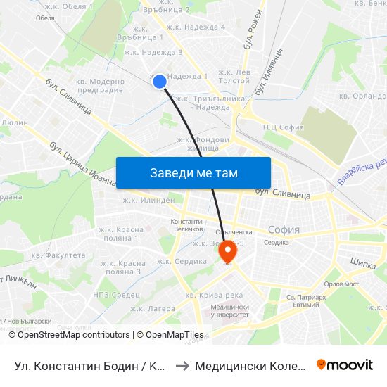Ул. Константин Бодин / Konstantin Bodin St. (2004) to Медицински Колеж ""Й. Филаретова"" map