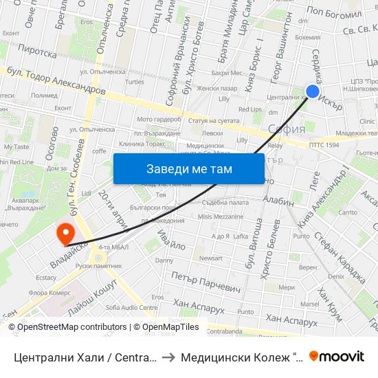 Централни Хали / Central Market Hall (2335) to Медицински Колеж ""Й. Филаретова"" map