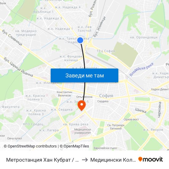 Метростанция Хан Кубрат / Khan Kubrat Metro Station (2477) to Медицински Колеж ""Й. Филаретова"" map