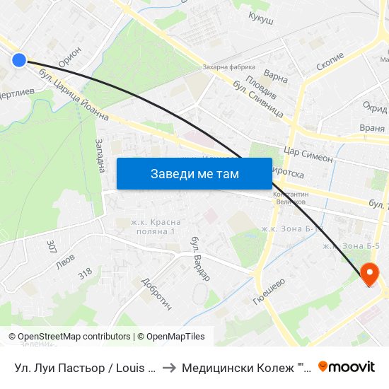 Ул. Луи Пастьор / Louis Pasteur St. (0335) to Медицински Колеж ""Й. Филаретова"" map