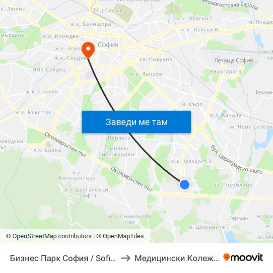 Бизнес Парк София / Sofia Business Park (2390) to Медицински Колеж ""Й. Филаретова"" map