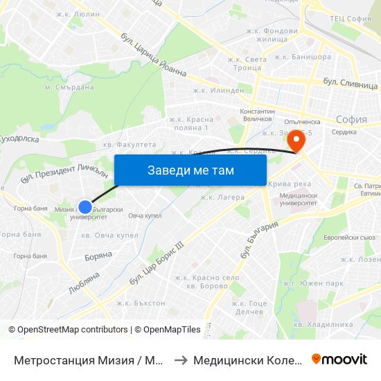 Метростанция Мизия / Moesia Metro Station (0361) to Медицински Колеж ""Й. Филаретова"" map