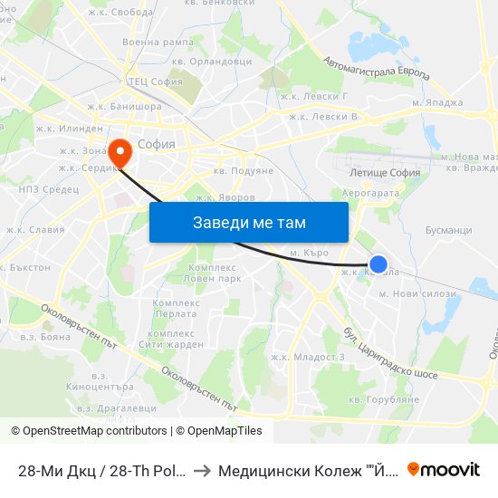 28-Ми Дкц / 28-Th Polyclinic (0025) to Медицински Колеж ""Й. Филаретова"" map