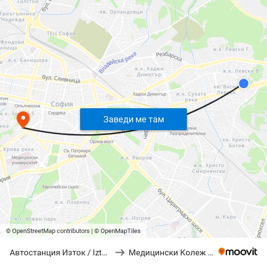Автостанция Изток / Iztok Bus Station (2427) to Медицински Колеж ""Й. Филаретова"" map